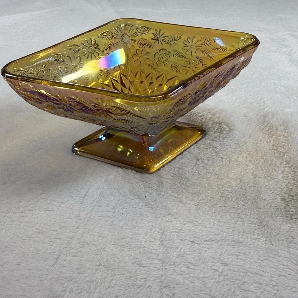 Vintage Marigold Carnival Glass Pedestal Square Candy Nut Dish Floral 6